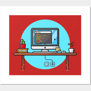 Coding Programmer Workspace with Cactus, Coffee and Book Cartoon Vector Icon Illustration Posters and Art